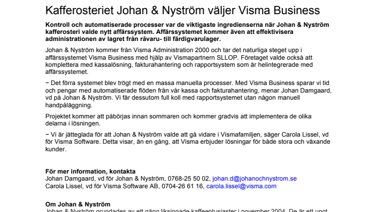 Kafferosteriet Johan & Nyström väljer Visma Business