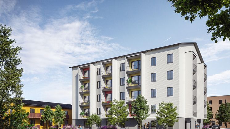 Det nya femvåningshuset i trä som ska byggas i Björkhagen i Vanda, Finland. 