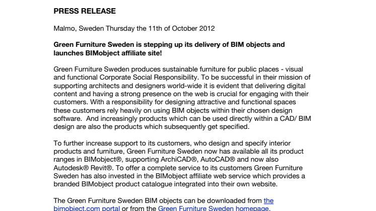 Green Furniture Sweden is stepping up its delivery of BIM objects and launches BIMobject affiliate site!