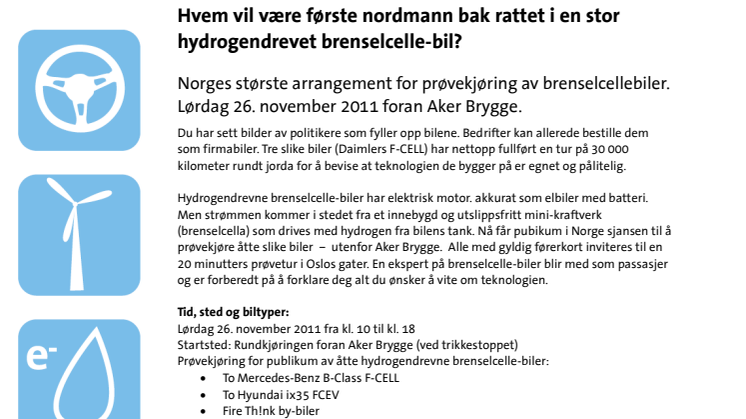 Invitasjon til å teste hydrogenbil - Aker Brygge lørdag 26. november