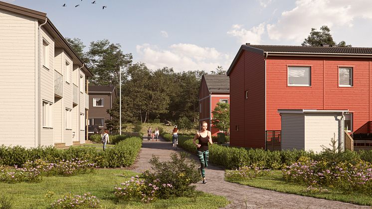 Illustration av det nya kvarteret, BoKlok Kronan i Steninge slottsby, Sigtuna. 