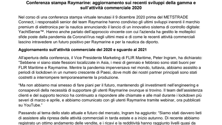 Conferenza stampa Raymarine: aggiornamento sui recenti sviluppi della gamma e  sull’attività commerciale 2020