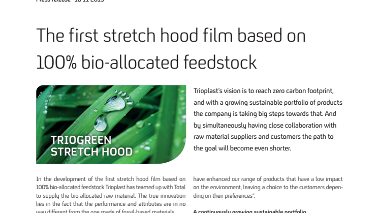 The first stretch hood film based on 100 % bio-allocated feedstock 