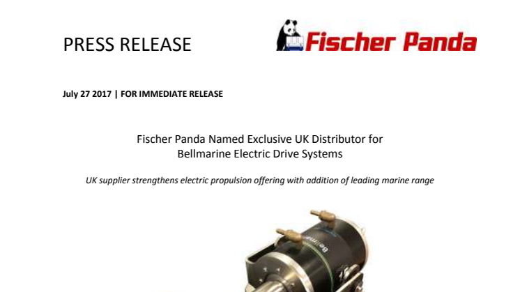 Fischer Panda: Fischer Panda Named Exclusive UK Distributor for Bellmarine Electric Drive Systems