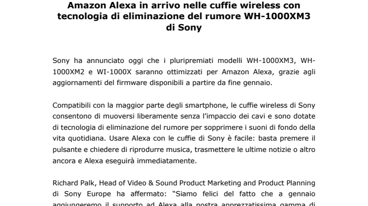  Amazon Alexa in arrivo nelle cuffie wireless con tecnologia di eliminazione del rumore WH-1000XM3 di Sony
