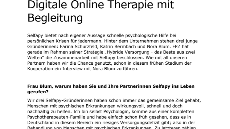 Digitale Online Therapie mit Begleitung - FPZ Interview mit Nora Blum von Selfapy 