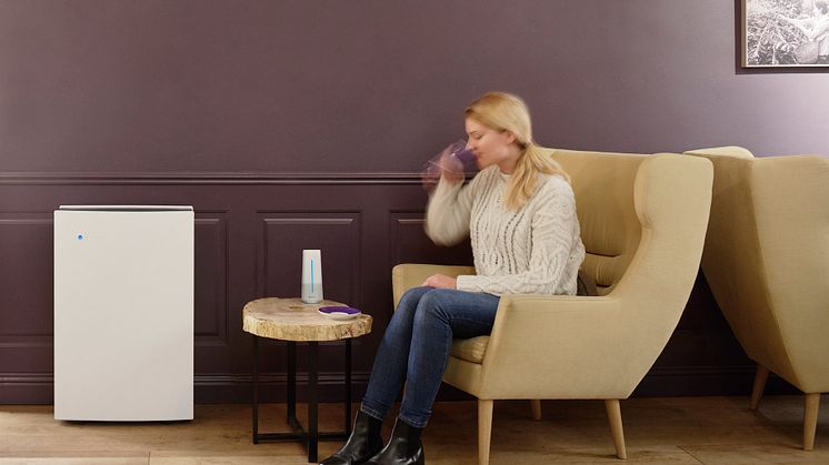 A Blueair air purifier works with Blueair's Aware air quality monitor, which constantly checks what pollutants are in the surrounding air and wirelessly transmits that information to the air cleaner so it can react.