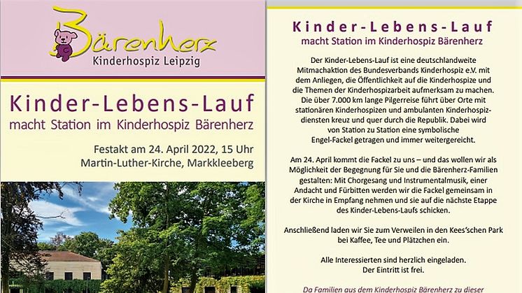 24. April, 15 Uhr, Martin-Luther-Kirche Markkleeberg: Kinder-Lebens-Lauf macht Station bei Bärenherz