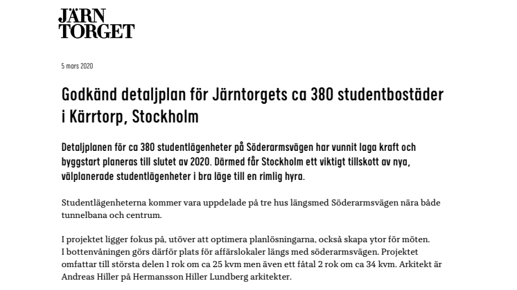 Godkänd detaljplan för Järntorgets ca 380 studentbostäder  i Kärrtorp, Stockholm