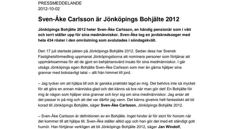 Sven-Åke Carlsson är Jönköpings Bohjälte 2012  