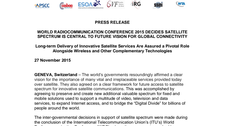 World Radiocommunication Conference 2015 decides satellite spectrum is central to future vision for global connectivity