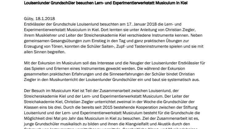 Pressemitteilung: Louisenlunder Grundschüler besuchen Lern- und Experimentierwerkstatt Musiculum in Kiel