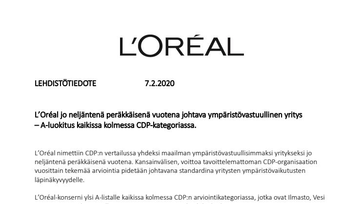 L'Oréalille CDP:n vastuullisuustunnustus, korkein A-luokitus jokaisessa kategoriassa