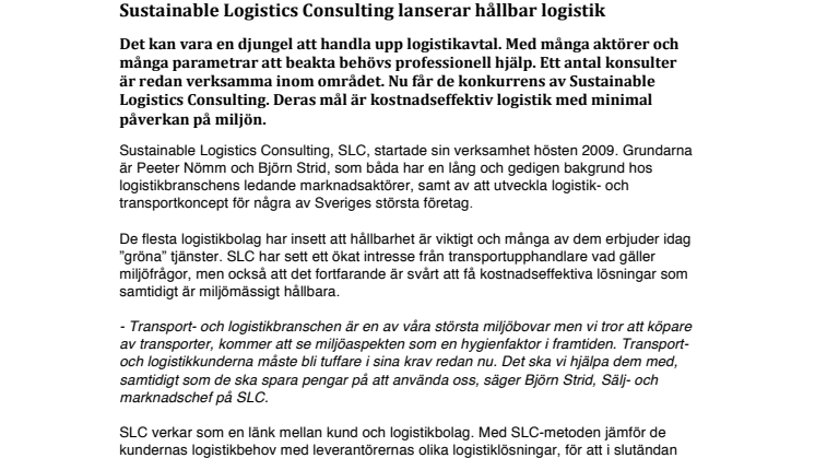 Sustainable Logistics Consulting lanserar hållbar logistik