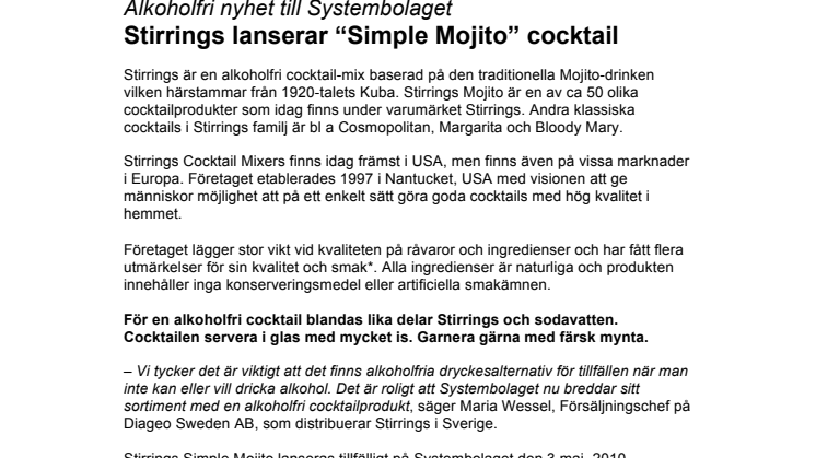 Alkoholfri nyhet till Systembolaget - Stirrings lanserar “Simple Mojito” cocktail 