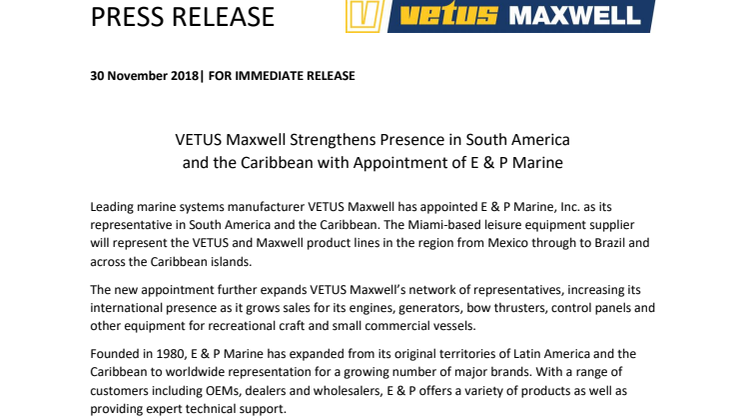 VETUS Maxwell: VETUS Maxwell Strengthens Presence in South America and the Caribbean with Appointment of E & P Marine