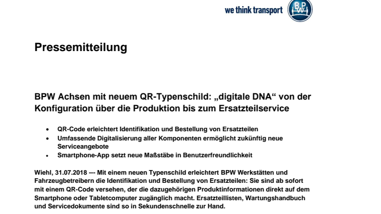 BPW Achsen mit neuem QR-Typenschild: „digitale DNA“ von der Konfiguration über die Produktion bis zum Ersatzteilservice
