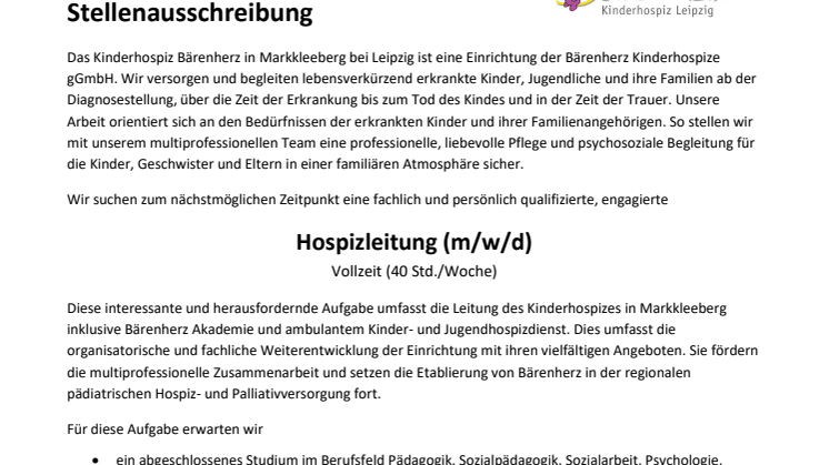 Stellenausschreibung: Hospizleitung (m/w/d) in Vollzeit (40 Std./Woche)