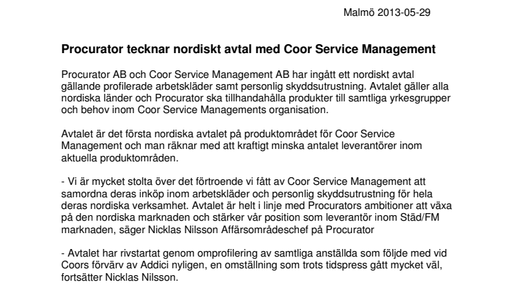 Procurator tecknar nordiskt avtal med Coor Service Management