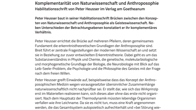 Komplementarität von Naturwissenschaft und Anthroposophie. Habilitationsschrift von Peter Heusser im Verlag am Goetheanum