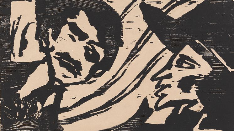 Avtrykk. Tresnitt fra fem århundrer. Emil Nolde, Ung mann og ung kvinne, tresnitt, 1918. / Impressions. Five Centuries of Woodcuts. Emil Nolde, Young Couple, 1918.