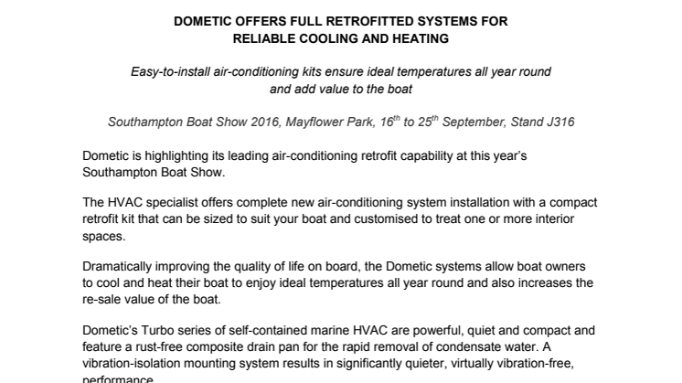 Dometic: Southampton Boat Show: Dometic Offers Full Retrofitted Systems for Reliable Cooling and Heating