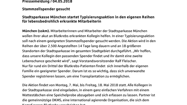 Stammzellspender gesucht - Stadtsparkasse München startet Typisierungsaktion in den eigenen Reihen