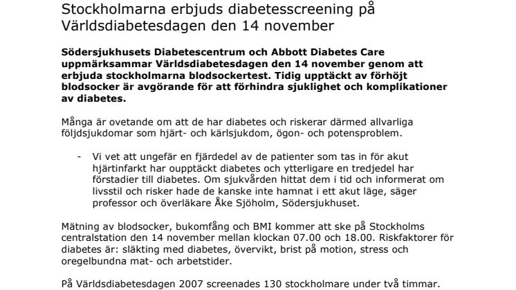 Stockholmarna erbjuds diabetesscreening på Världsdiabetesdagen den 14 november