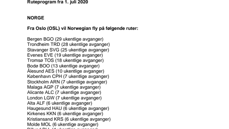 Norwegians ruteprogram fra 1. juli 2020