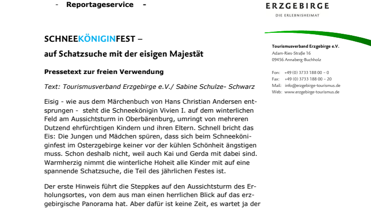 Reportageservice Schneeköniginfest und Tipps Winterzeit Erzgebirge