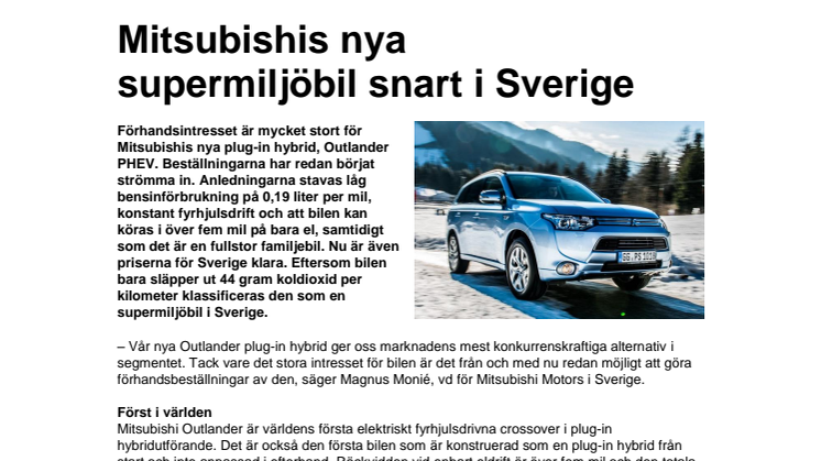 Mitsubishis nya supermiljöbil snart i Sverige