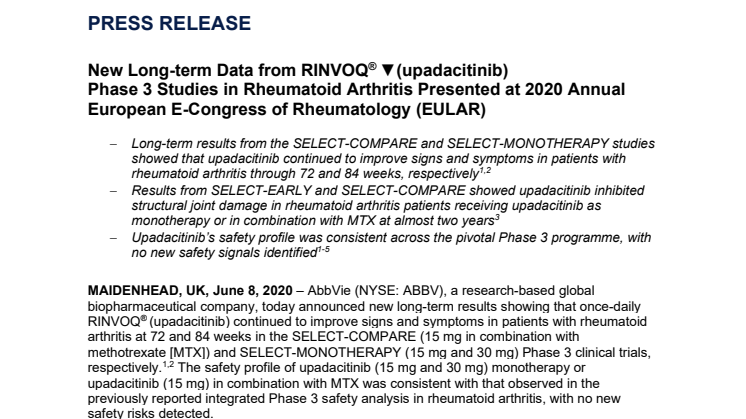 New Long-term Data from RINVOQ® ▼(upadacitinib). Phase 3 Studies in Rheumatoid Arthritis Presented at Annual European E-Congress of Rheumatology (EULAR)