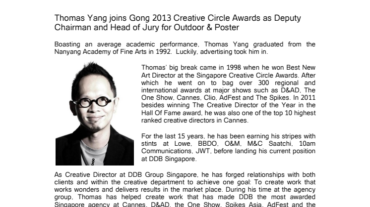 Thomas Yang joins Gong 2013 Creative Circle Awards as Deputy Chairman and Head of Jury for Outdoor & Poster