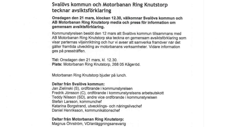 Pressinbjudan: Svalövs kommun och Motorbanan Ring Knutstorp tecknar avsiktsförklaring