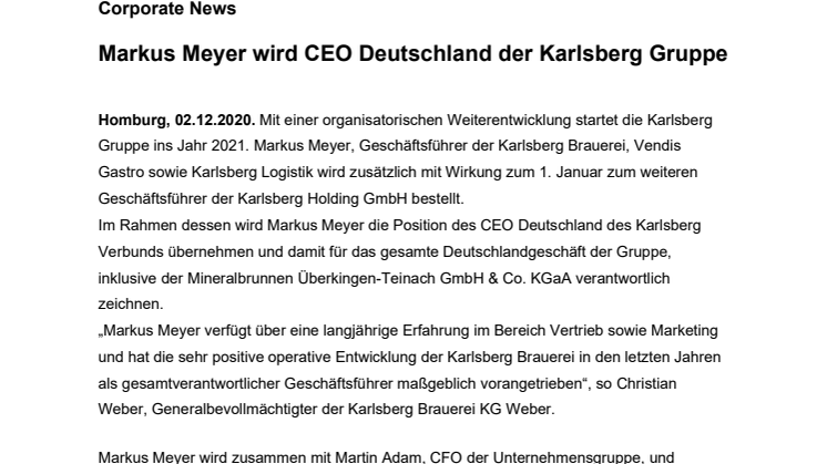 Corporate News: Markus Meyer wird CEO Deutschland der Karlsberg Gruppe