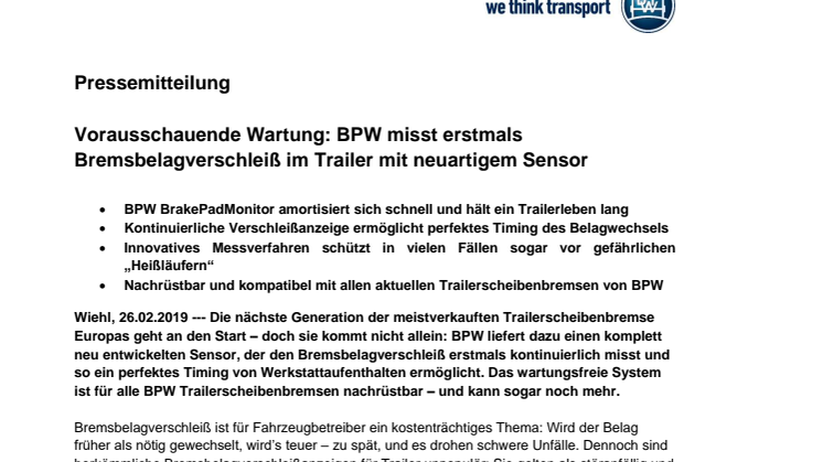 Vorausschauende Wartung: BPW misst erstmals Bremsbelagverschleiß im Trailer mit neuartigem Sensor