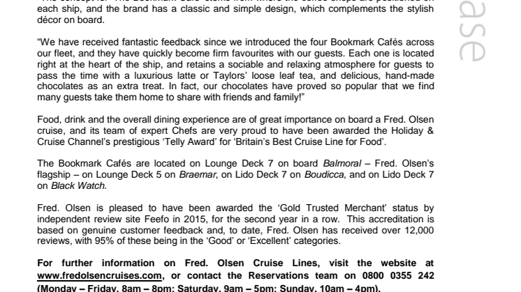 Fred. Olsen Cruise Lines unveils ‘The Bookmark Café’ across its fleet