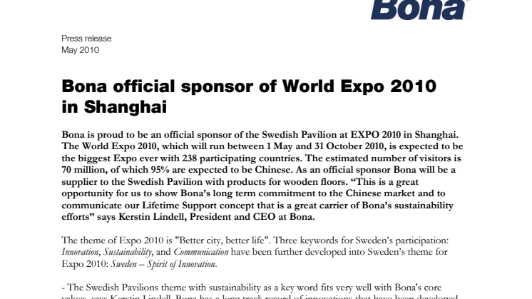 Bona official sponsor of World Expo 2010 