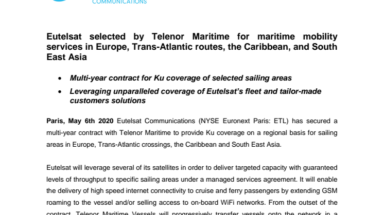 Eutelsat selected by Telenor Maritime for maritime mobility services in Europe, Trans-Atlantic routes, the Caribbean, and South East Asia