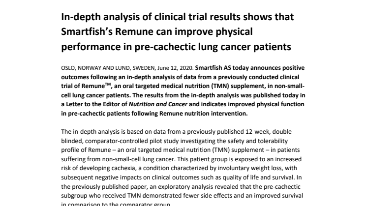 In-depth analysis of clinical trial results shows that Smartfish’s Remune can improve physical performance in pre-cachectic lung cancer patients