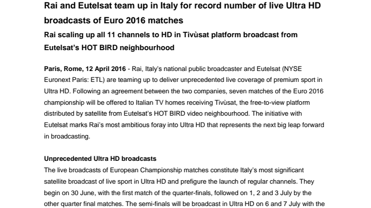 Rai and Eutelsat team up in Italy for record number of live Ultra HD broadcasts of Euro 2016 matches 