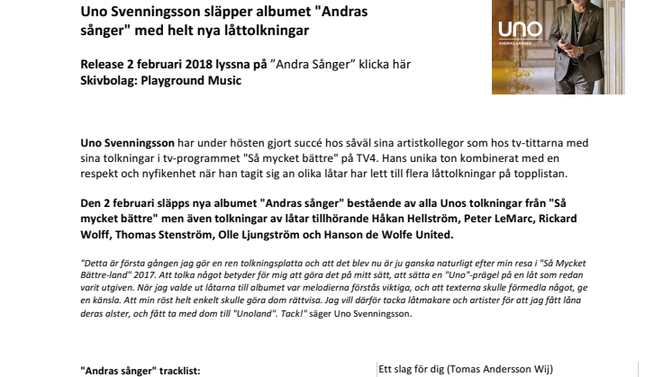 ​Uno Svenningsson släpper albumet "Andras sånger" idag 2 februari 