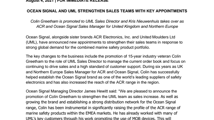 Ocean Signal and UML Strengthen Sales Teams with Key Appointments