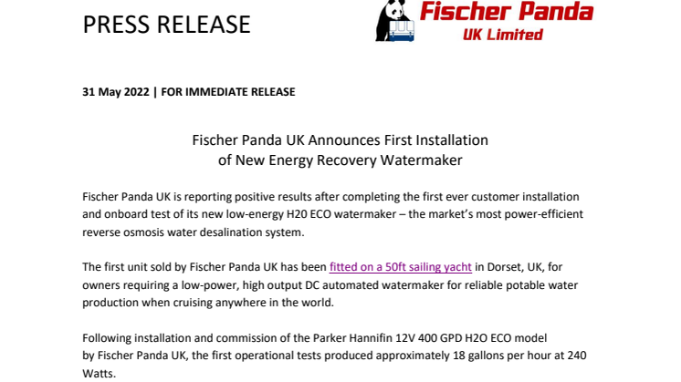 May 2022 - Fischer Panda UK Announces First Installation of Energy Recovery Watermaker.pdf