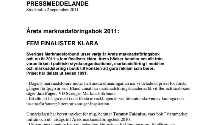 Årets marknadsföringsbok 2011: FEM FINALISTER KLARA