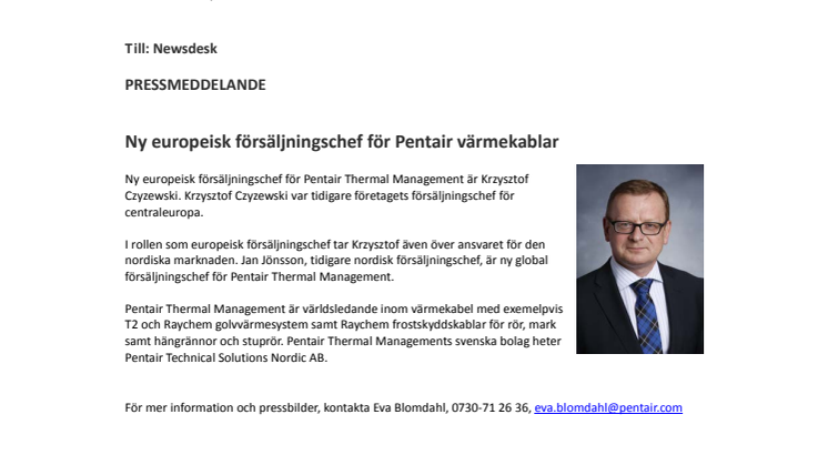 Ny europeisk försäljningschef för Pentair värmekablar