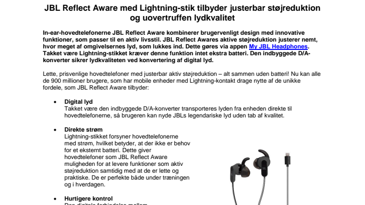 JBL Reflect Aware med Lightning-stik tilbyder justerbar støjreduktion og uovertruffen lydkvalitet