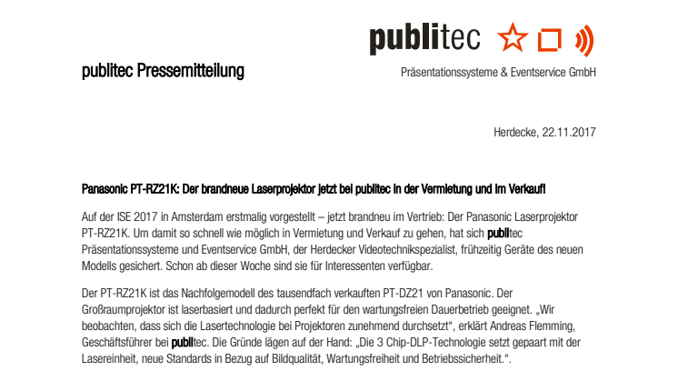 Panasonic PT-RZ21K: Der brandneue Laserprojektor jetzt bei publitec in der Vermietung und im Verkauf