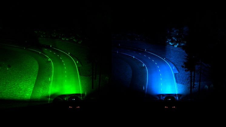 Prediktivní světlomety (vlevo) mohou řidičům rychleji odhalit profil a podobu zatáčky.