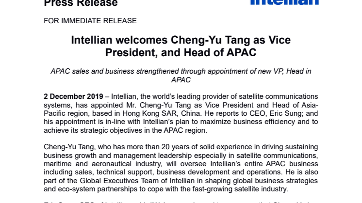 Intellian welcomes Cheng-Yu Tang as Vice President, and Head of APAC